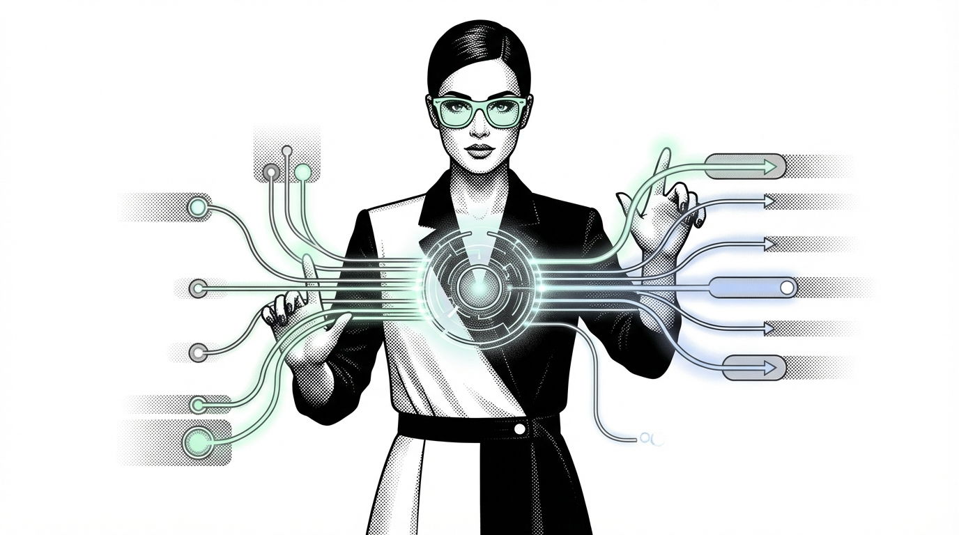 A fashion designer wearing pastel mint green wayfarer glasses confidently interacts with a glowing, intricate central hub that unifies and controls various brand elements and marketing channels, illustrating a centralized brand context solution.