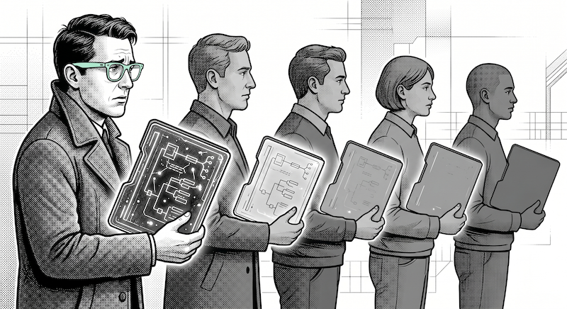 An editorial halftone illustration of a horizontal sequence of five figures in profile, passing the same idea down a chain. Each figure receives a smaller, simpler, more degraded version of the original — fewer lines, less internal structure, more empty space — until the final figure is left holding a single flat shape. The originating figure on the far left wears pastel mint green wayfarer glasses and watches the chain with a concerned expression, illustrating how derivative documents lose value as they become compressions of compressions.