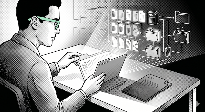 An editorial halftone illustration of a figure wearing pastel mint green wayfarer glasses, sitting at a minimalist desk and opening a folder containing multiple structured files arranged like a small library — visible documents, branching connections, structured light. A single closed document sits in shadow beside the folder, dim and inert, representing the shift from polished deliverables to context-first folders.