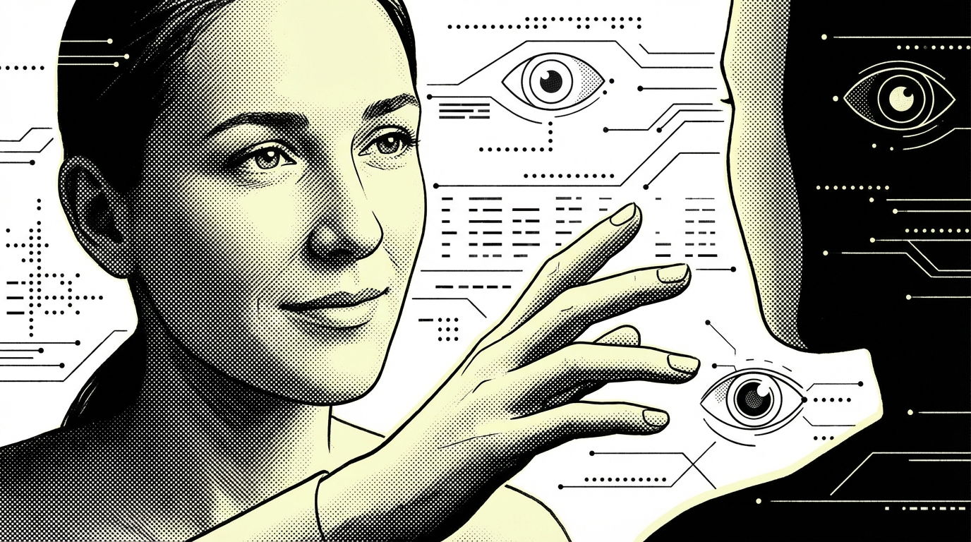 A stylized illustration showing human faces expressing empathy, with hands reaching out, contrasted by cold, abstract AI elements like data streams and digital eyes in the background, emphasizing the 