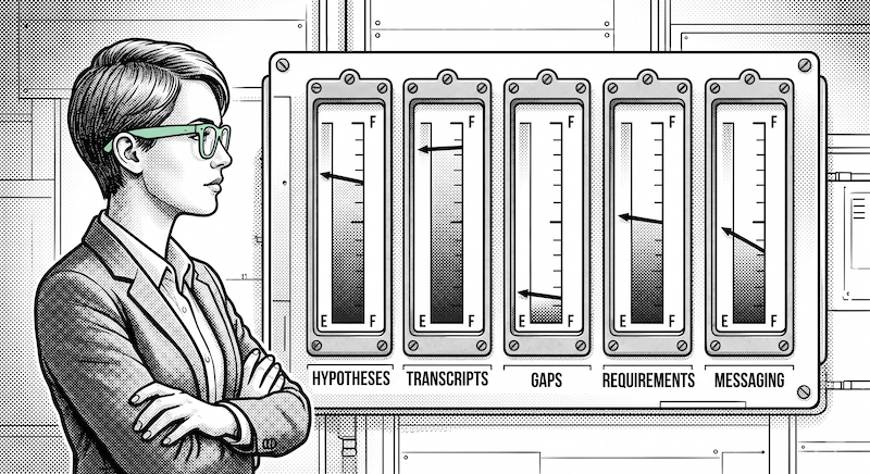 An editorial halftone illustration of a dashboard panel showing five vertical fuel gauges, each labelled with a context dimension — Hypotheses, Transcripts, Gaps, Requirements, Messaging. The needles sit at different levels. A figure in profile wearing pastel mint green wayfarer glasses studies the gauges with arms crossed, illustrating the dimensional approach to evaluating AI-augmented context.