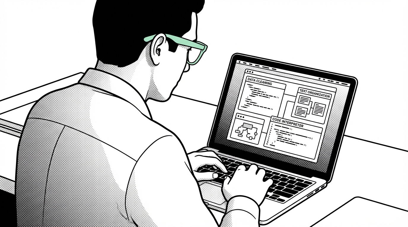 An illustration of a person wearing pastel mint green wayfarer glasses, sitting at a desk and looking at a laptop screen. The screen displays code or a text editor interface, with visual cues of data being organized, representing the use of LLMs for data cleanup.