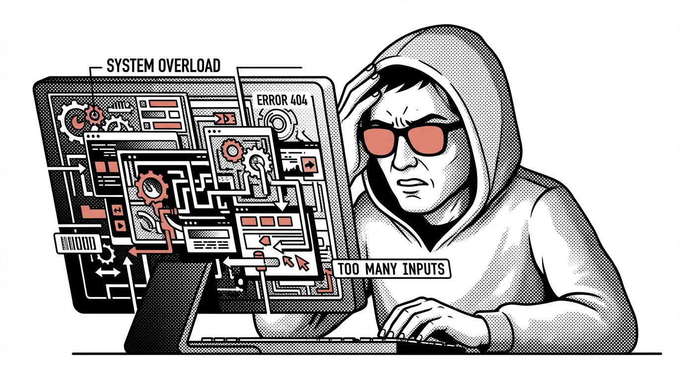 An illustration of a frustrated person in front of a computer screen displaying a cluttered, complex, and overwhelming user interface, representing the limitations of traditional SaaS.
